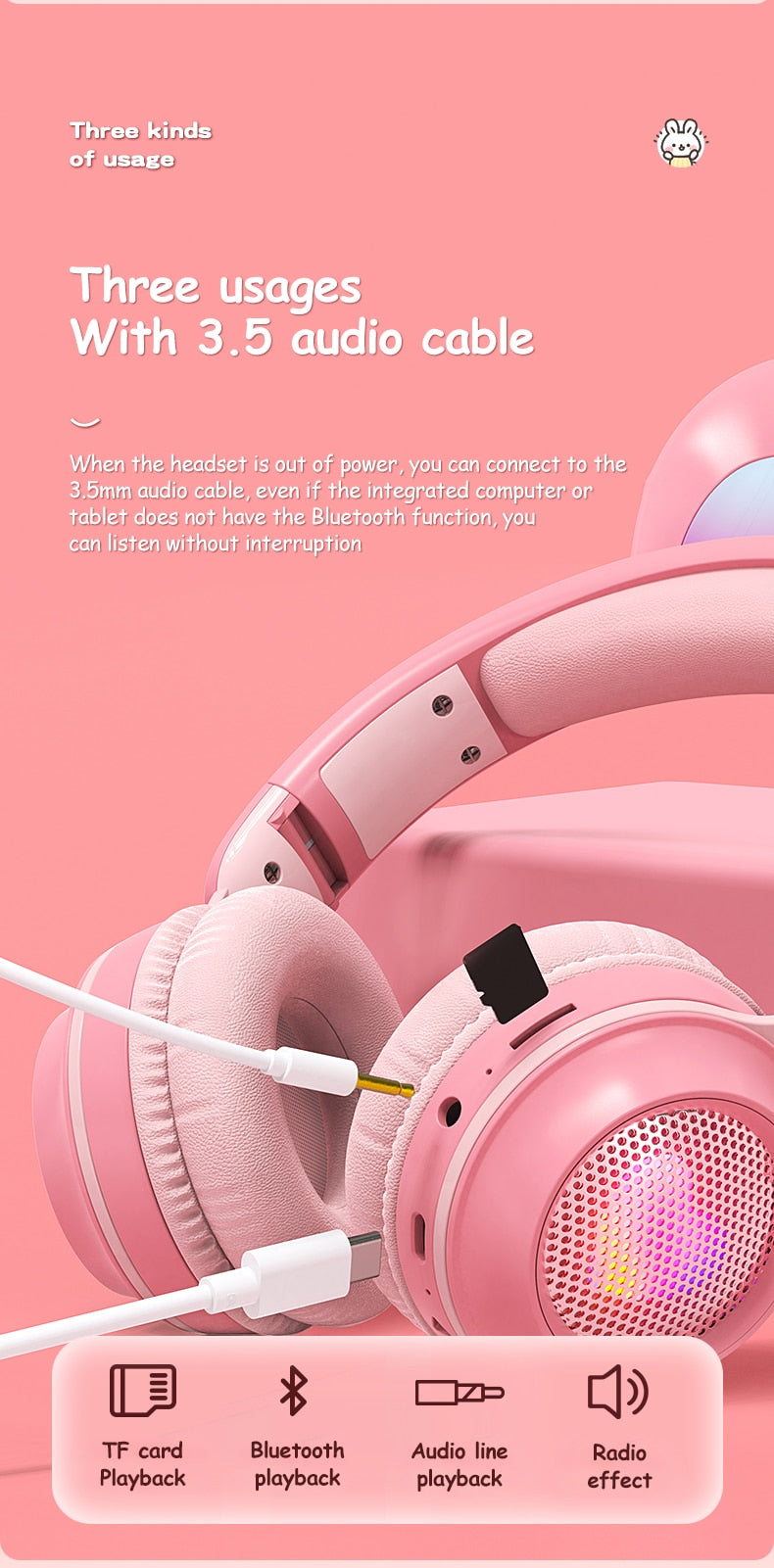 Rabbit Ear Headphones Wireless Luminous Extendable Wheat Headphones